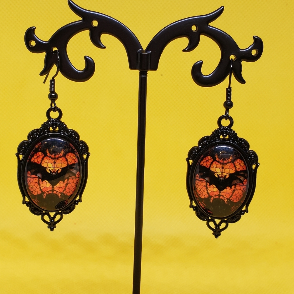 Halloween One pair of Gothic Bat Earrings with Flaming orange background